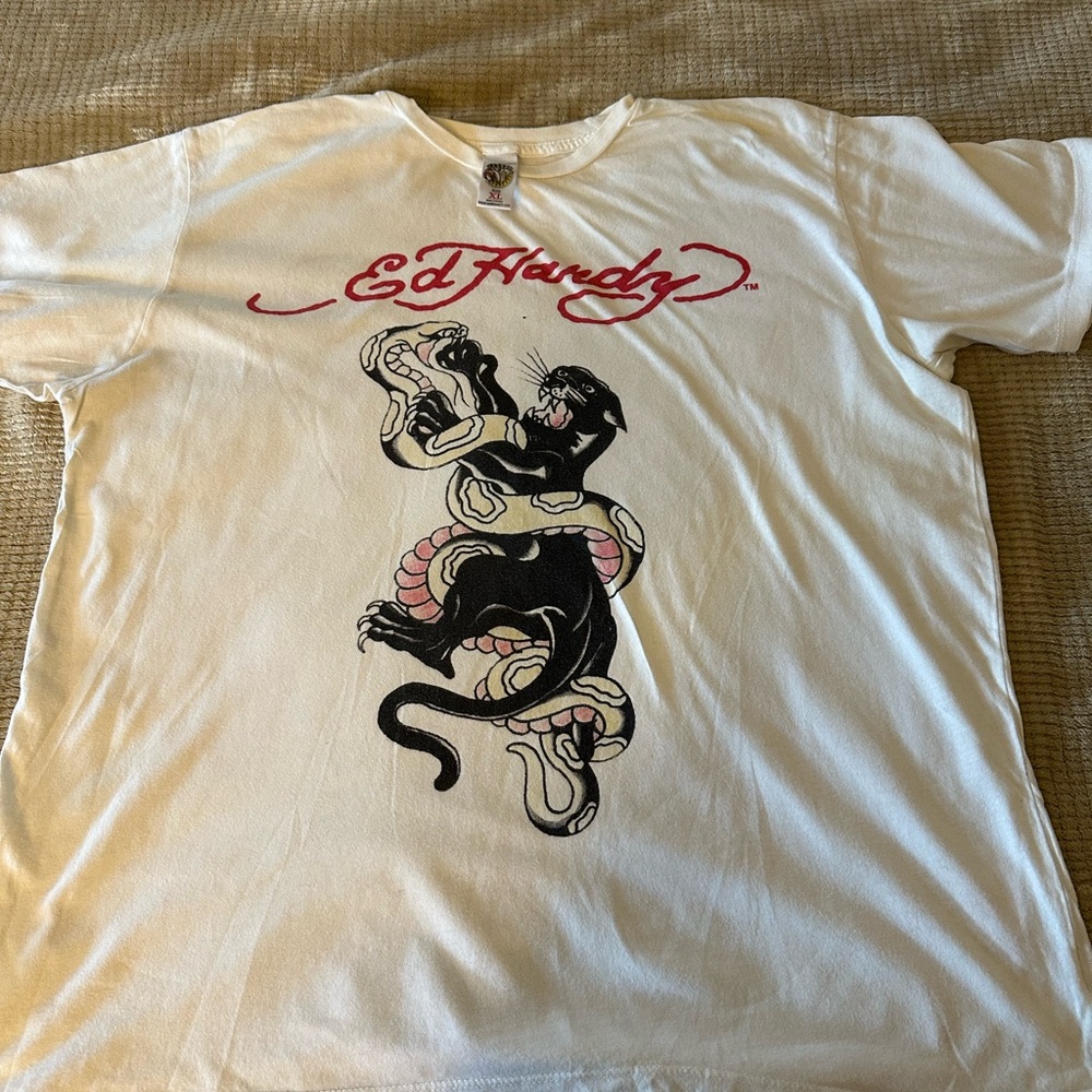 Ed Hardy White Tee with Black and Red Design